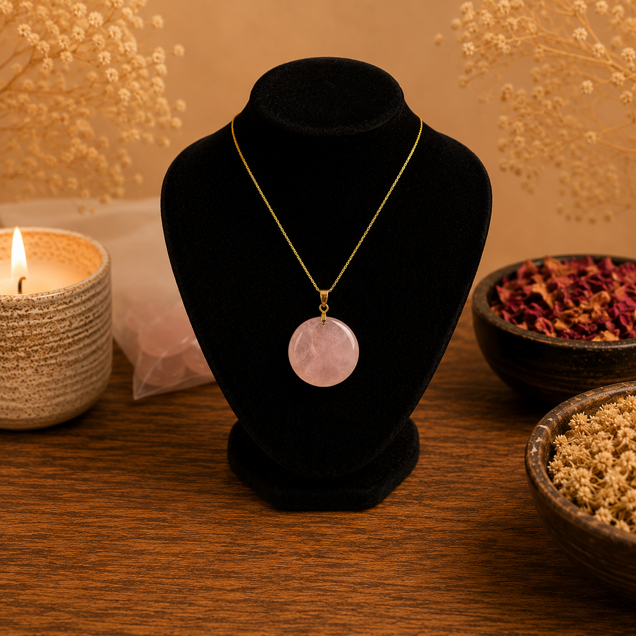Collar De Cuarzo Rosa Eclipse Dorado